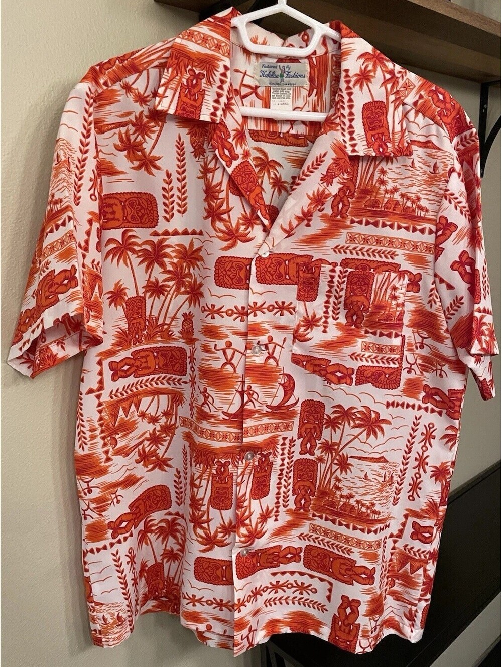 Vintage Hukilau Fashions Button Down Tropical Hawaiian Shirt, Size L, Orange